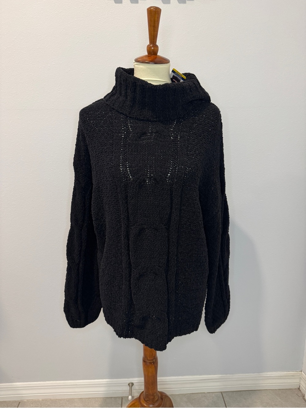 Seven7 Black Cable-Knit Turtleneck Sweater
